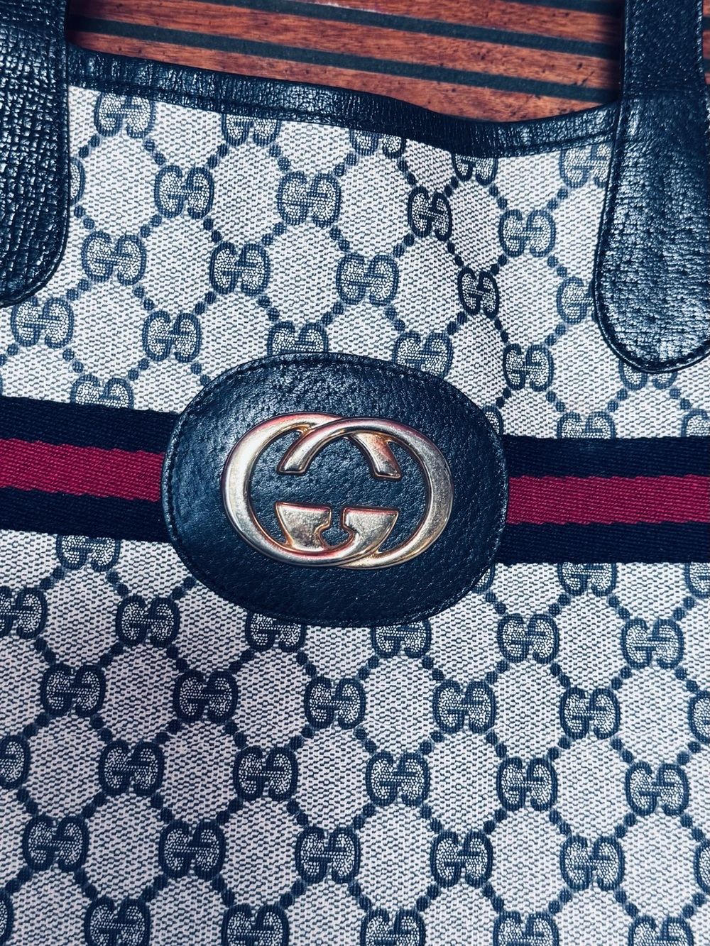 Gucci Blue & Red GG Canvas Tote with Gold Double G